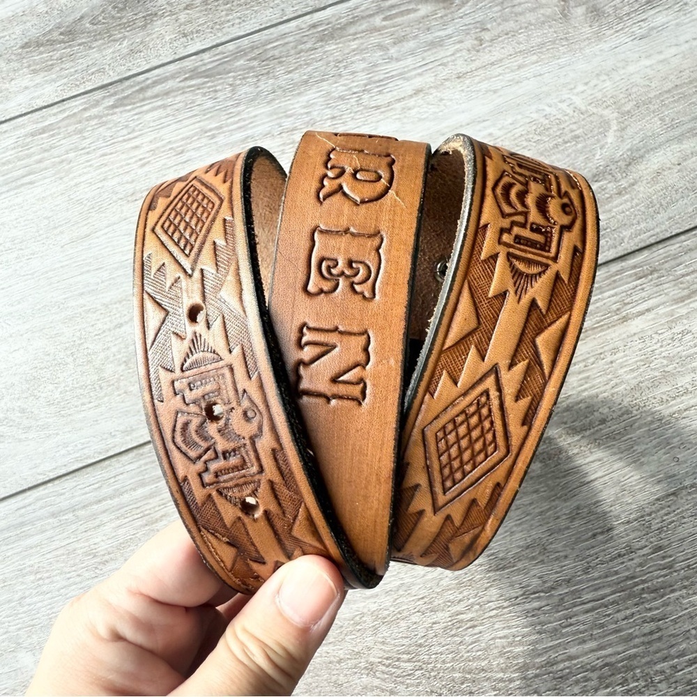Vintage Karen Brown Hand Tooled Eagles Leather Belt STRAP Made in USA